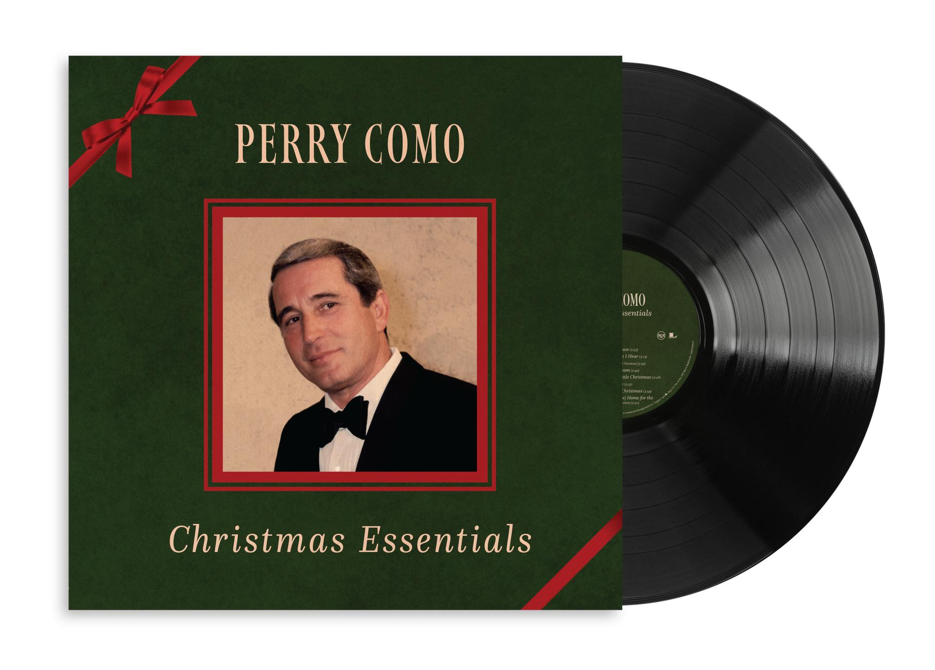 Perry Como Weihnachts-Vinyl-Schallplatte mit grünem Cover, roter Schleife und Porträt im Anzug mit Fliege.