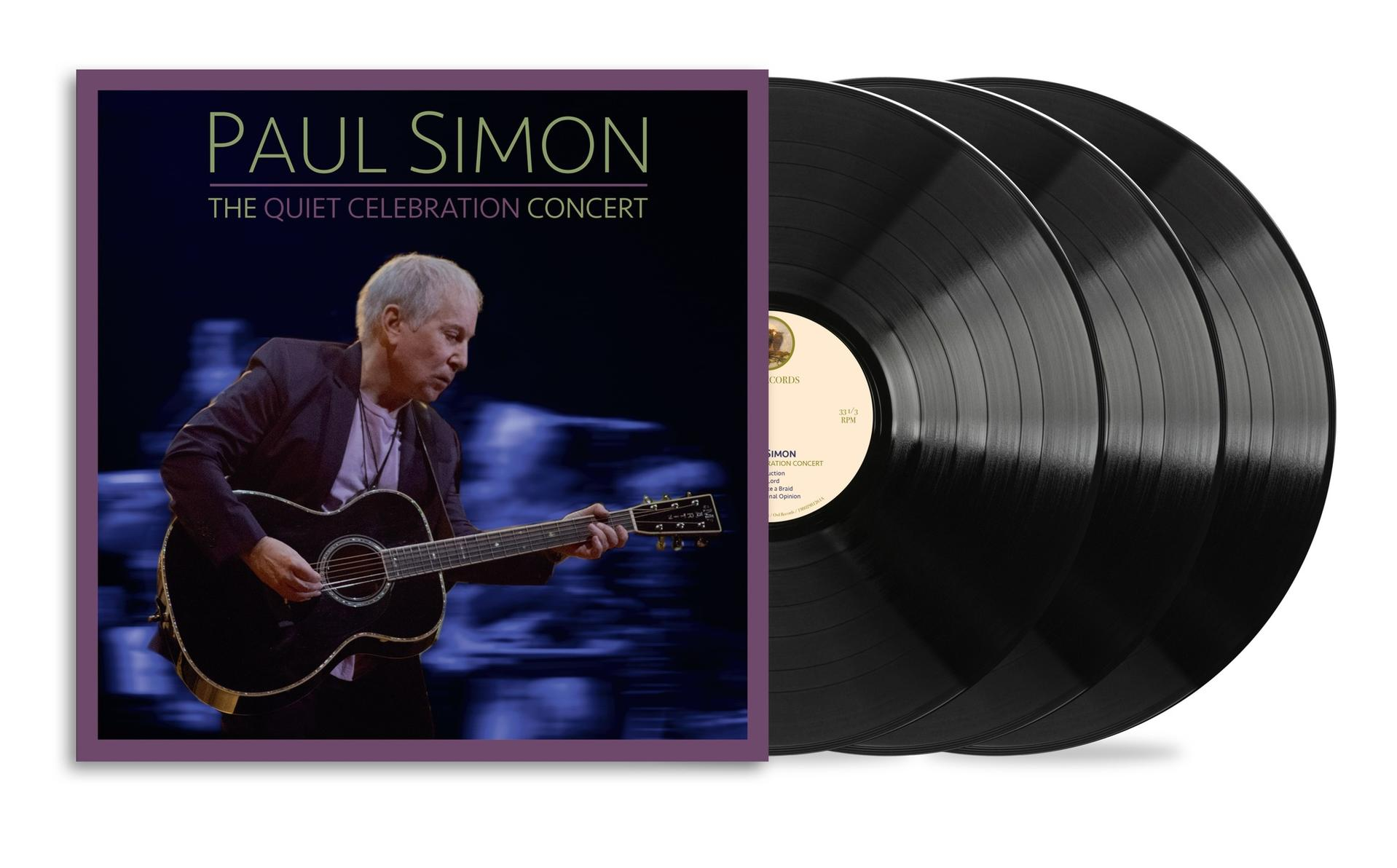 Paul Simon Albumcover "The Quiet Celebration Concert" mit drei schwarzen Vinylplatten.
