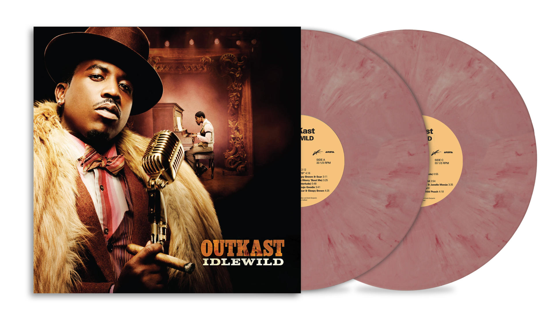 Das Outkast Idlewild Vinyl-Albumcover und zwei rot-marmorierte LPs.