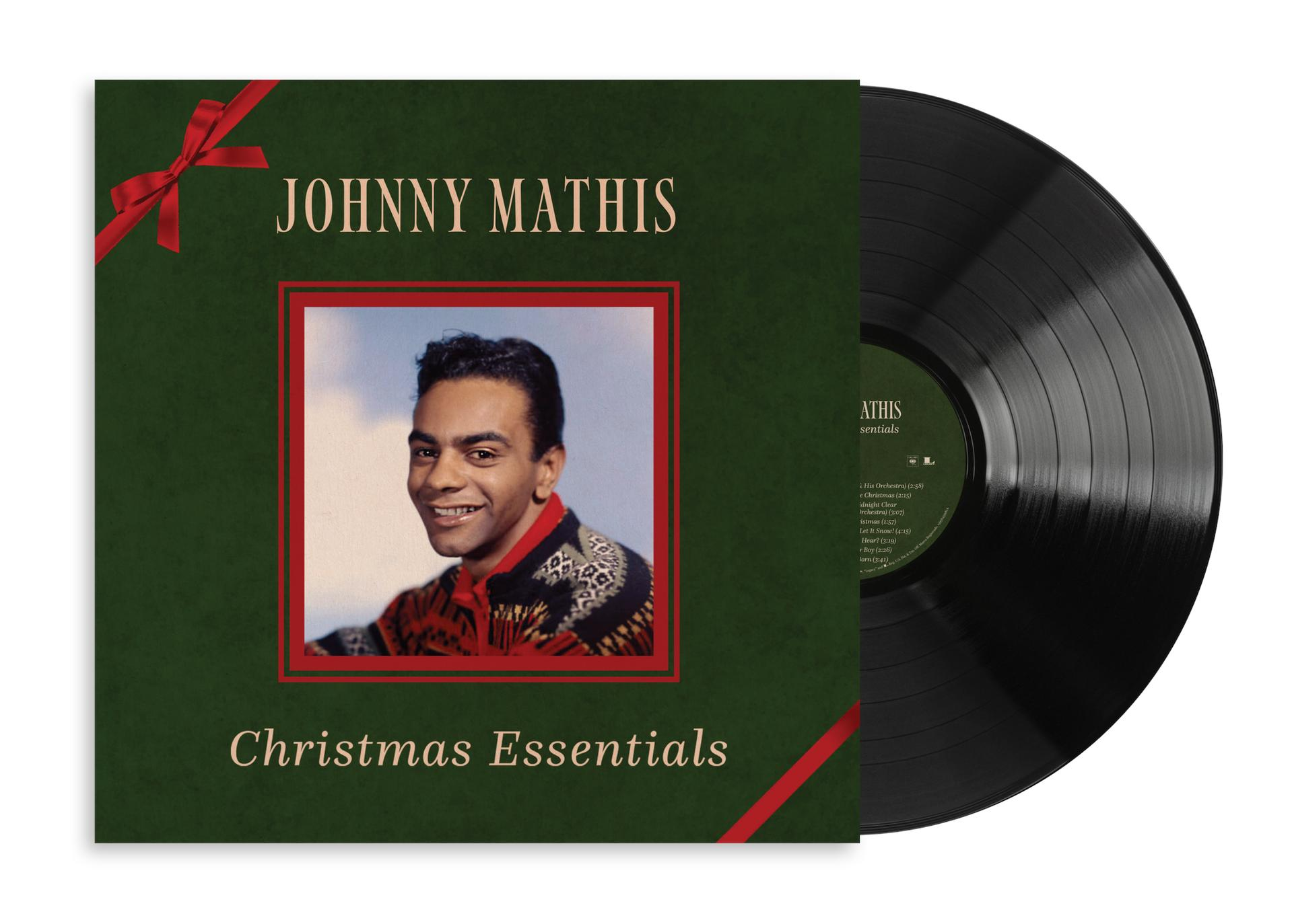 Johnny Mathis Christmas Essentials Vinyl-Platte mit grünem Cover und Foto.