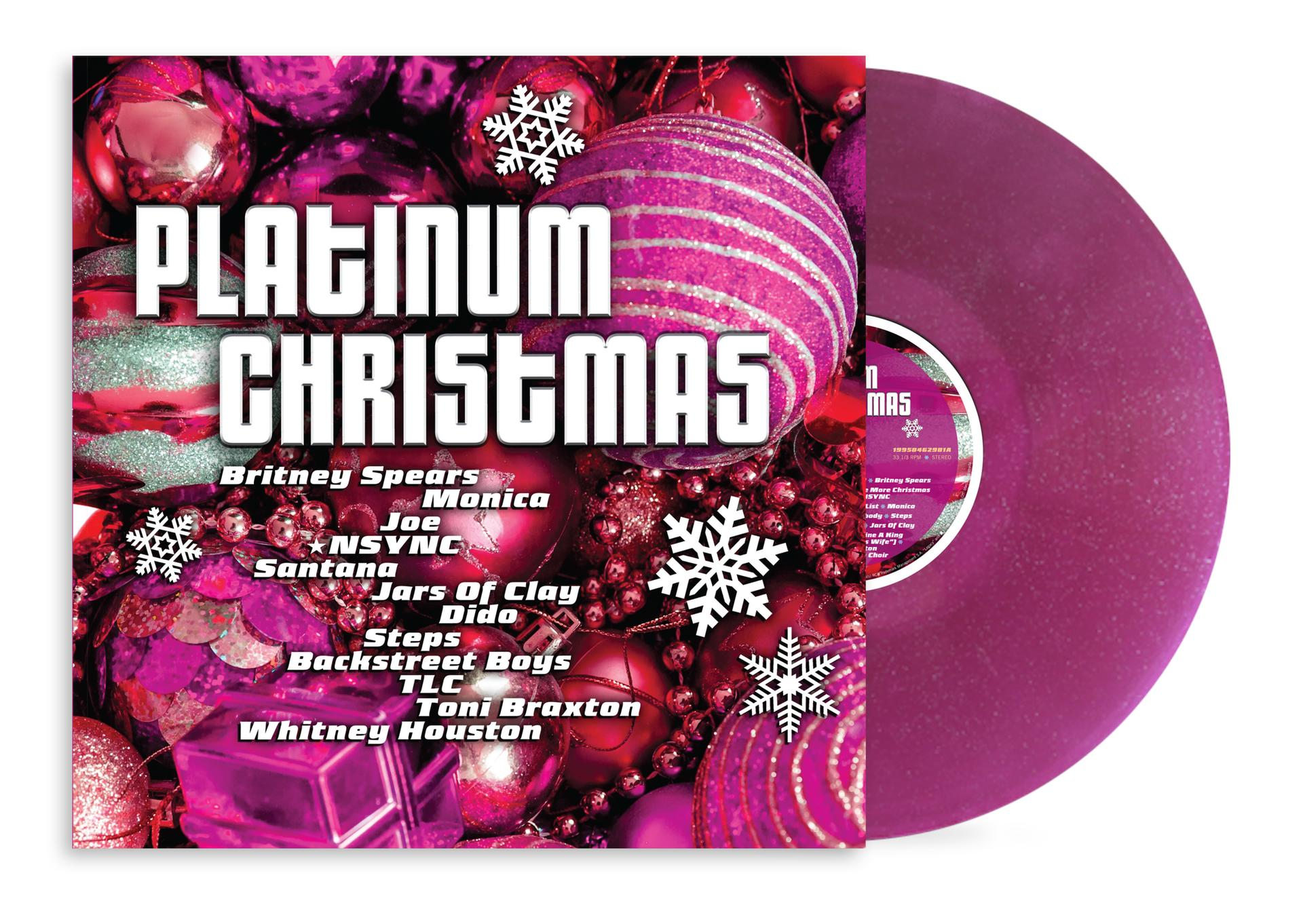 Platin-Weihnachtsalbum-Cover mit rosa und roten Ornamenten und einer lila Schallplatte.