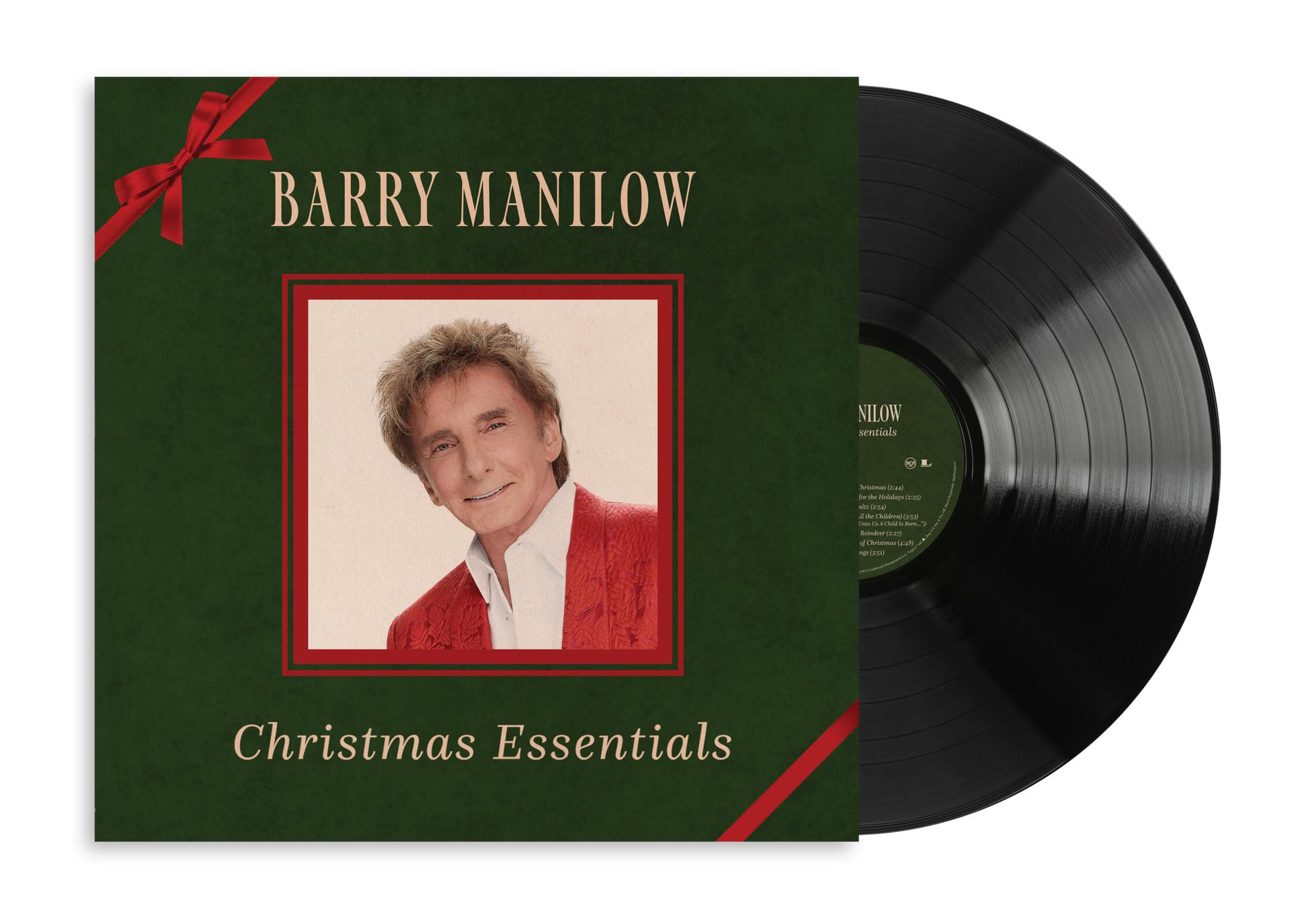 Barry Manilow Christmas Essentials Vinyl-Schallplatte mit grünem Cover und roter Schleife.