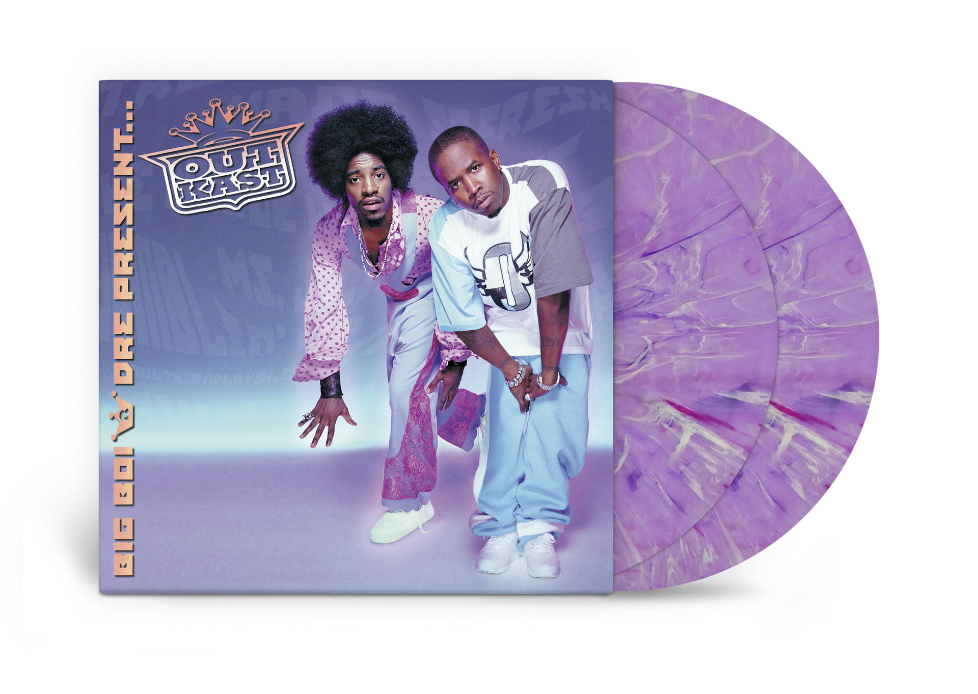 OutKast-Albumcover mit zwei Vinyl-Schallplatten in Lila und Marmoroptik.
