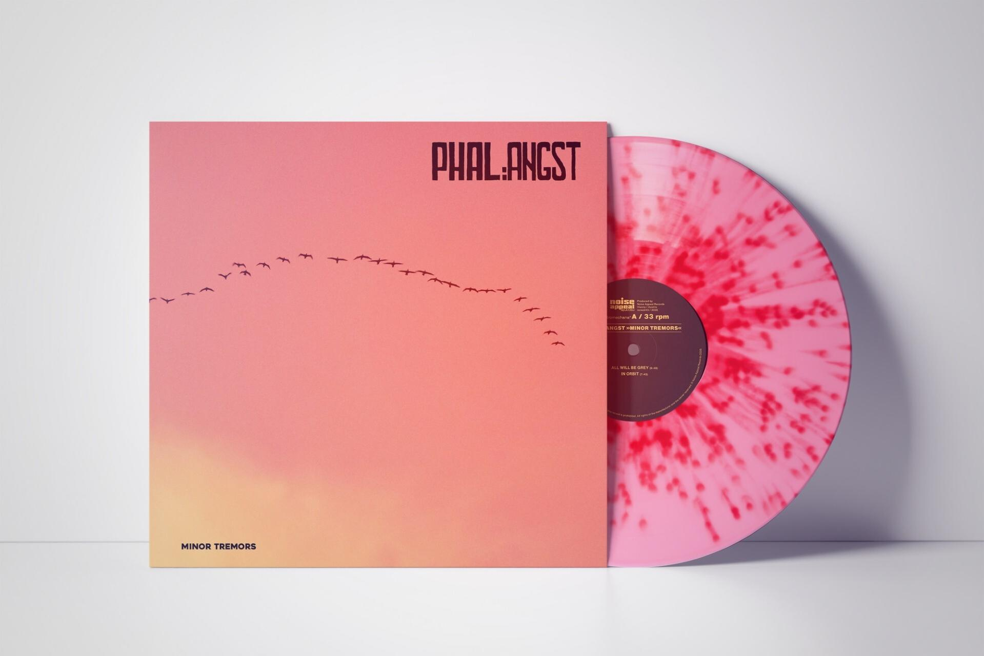 Rosa-schwarze Vinylplatte im Cover mit Vogelmotiv vor rosa Hintergrund.