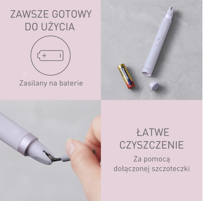 Fioletowy trymer bateryjny z baterią i szczoteczką do czyszczenia oraz polskimi napisam.