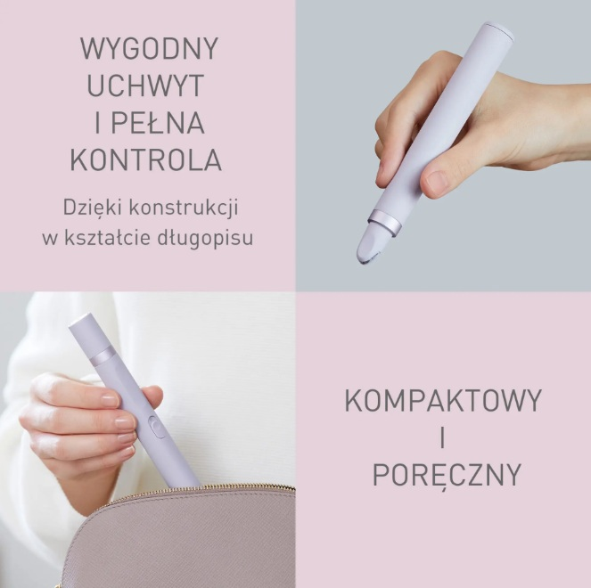Fioletowe urządzenie w kształcie długopisu jest trzymane i wkładane do torby, z tekstem na różowym i szarym tle.