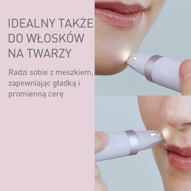 Biało-różowy depilator do twarzy z wbudowanym światłem jest używany na podbródku i górnej wardze.