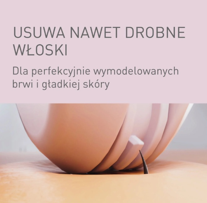 Reklama depilacji z tekstem na różowym tle i zbliżeniem urządzenia na skórze.