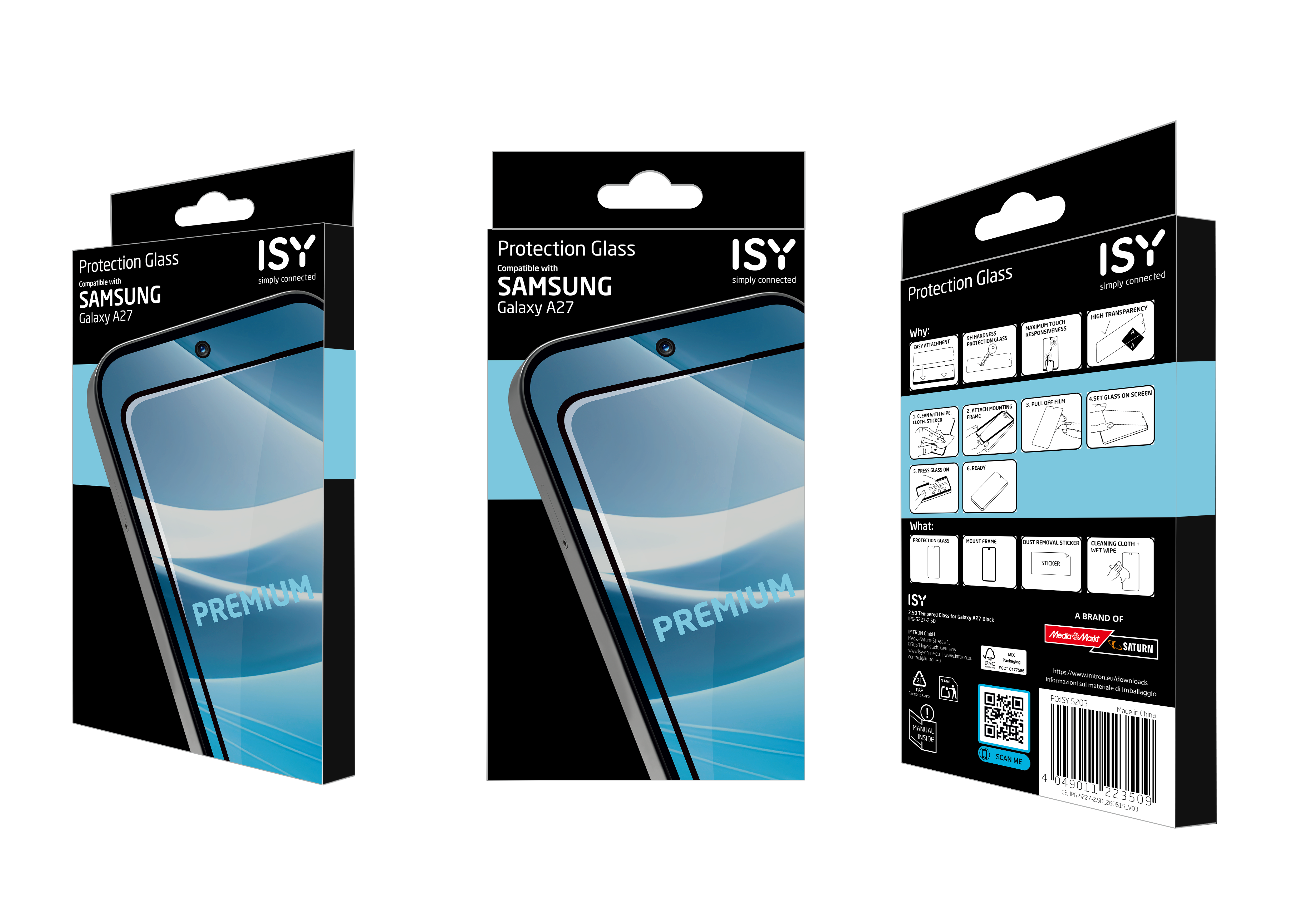 Verpackung für ISY Schutzglas für Samsung Galaxy A27 mit Front- und Rückansicht.