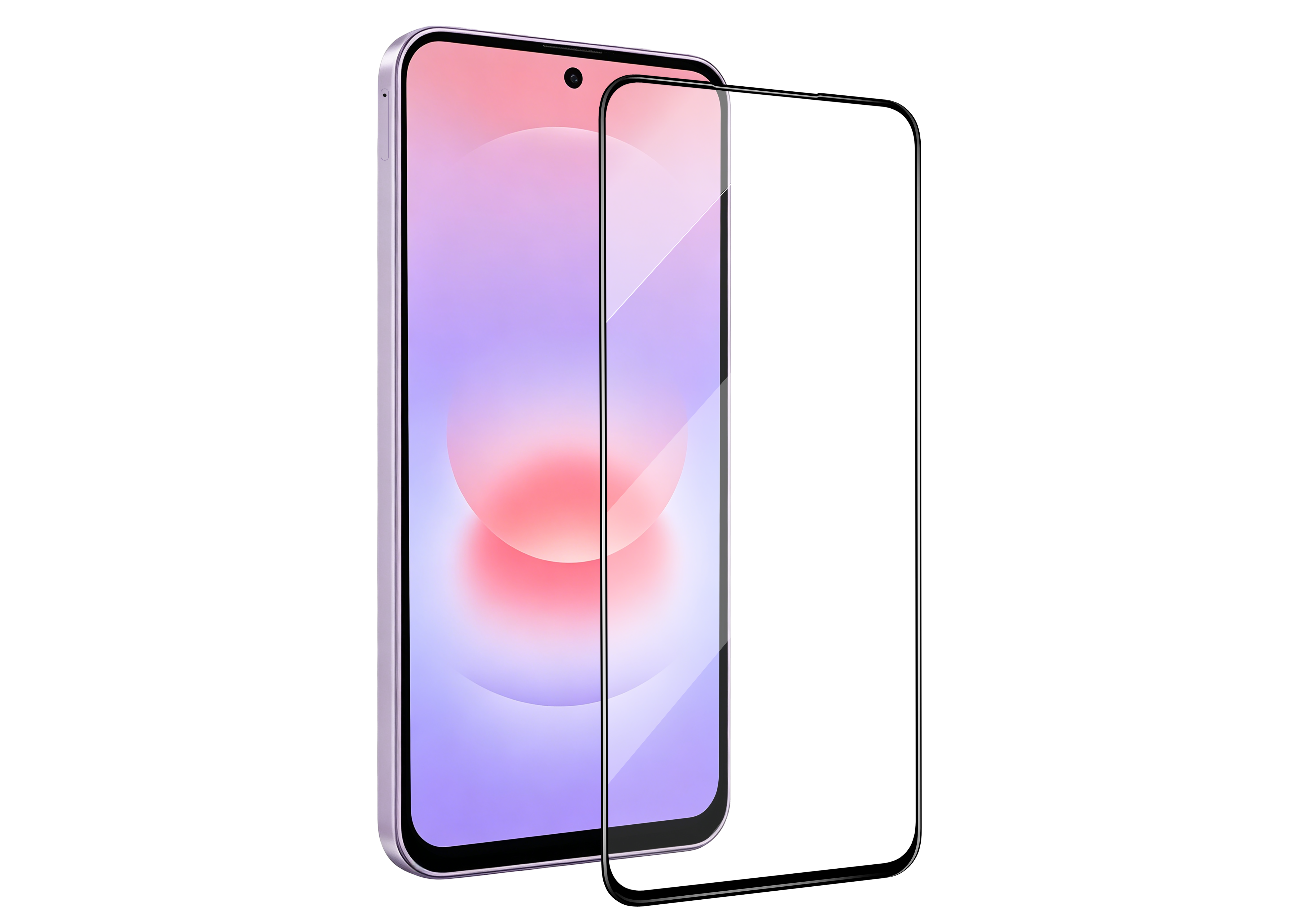 Ein Smartphone mit einem farbigen Display und einer separaten Schutzglasfolie davor auf schwarzem Hintergrund.