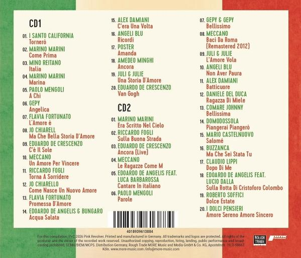 Rückseite einer CD-Hülle mit zwei Tracklisten für CD1 und CD2, umrahmt von den italienischen Nationalfarben.