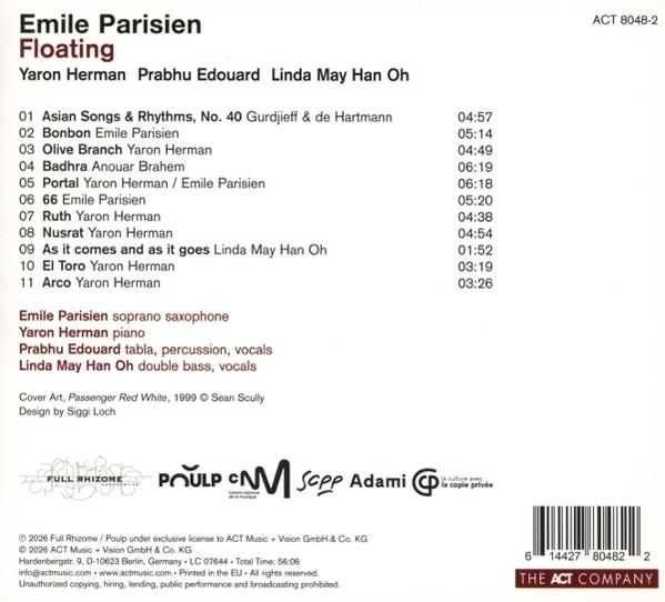 Albumrückseite für Emile Parisian Floating mit Titelliste, Künstlern, Credits und Barcode unten.