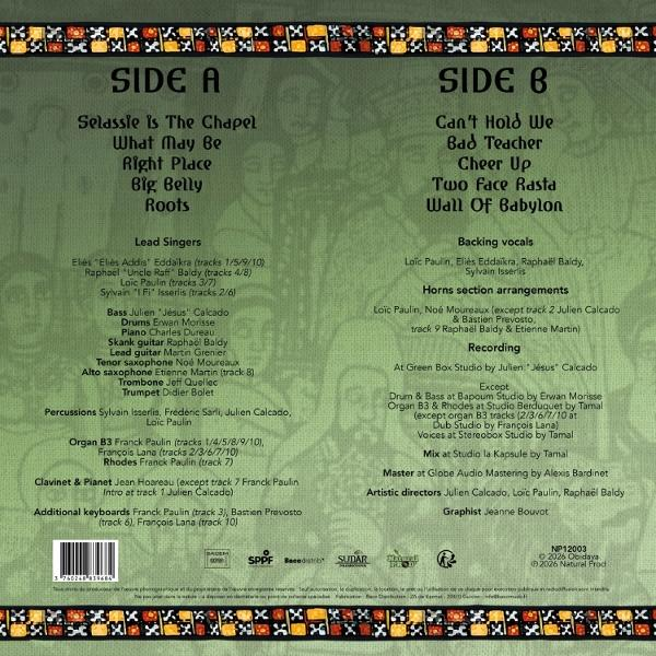 Rückseite einer Schallplattenhülle mit Songtiteln, Mitwirkenden und Produktionsdetails vor grünem Hintergrund.