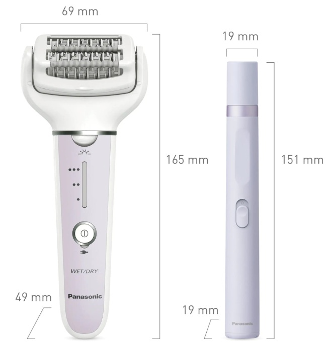 Diagram techniczny przedstawiający wymiary depilatora Panasonic i smukłego trymera.