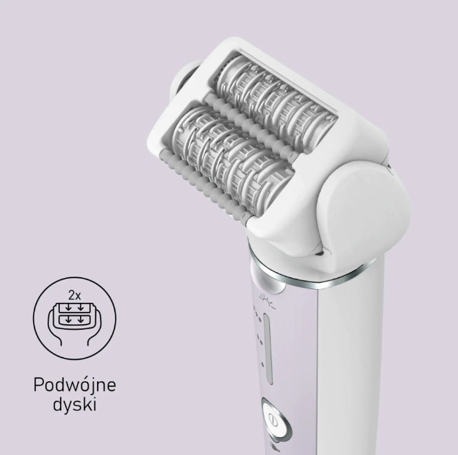 Biały epilator z podwójną głowicą dyskową na fioletowym tle.