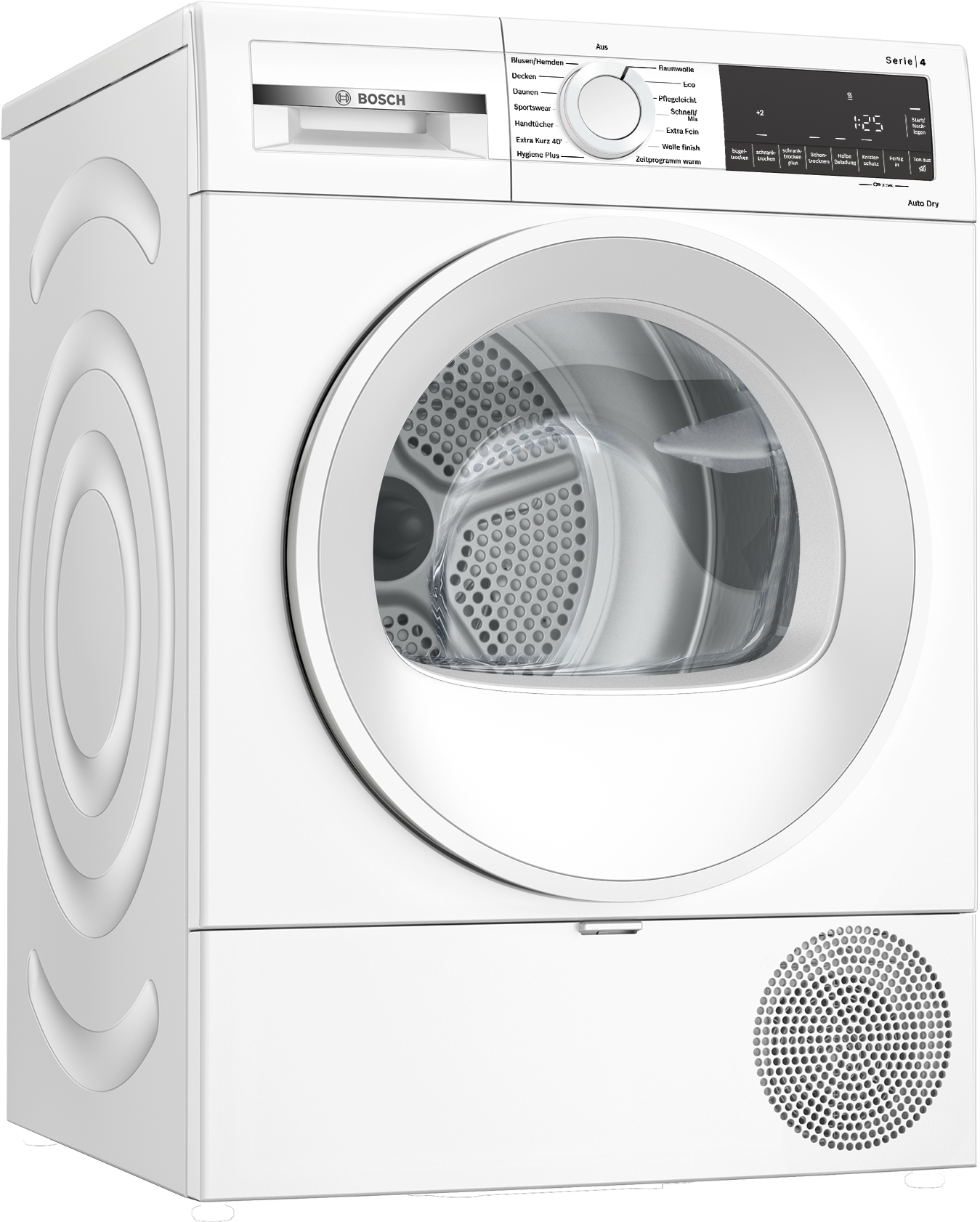 Ein weißer Bosch Serie 4 Kondenstrockner mit Frontlader und digitalem Display.