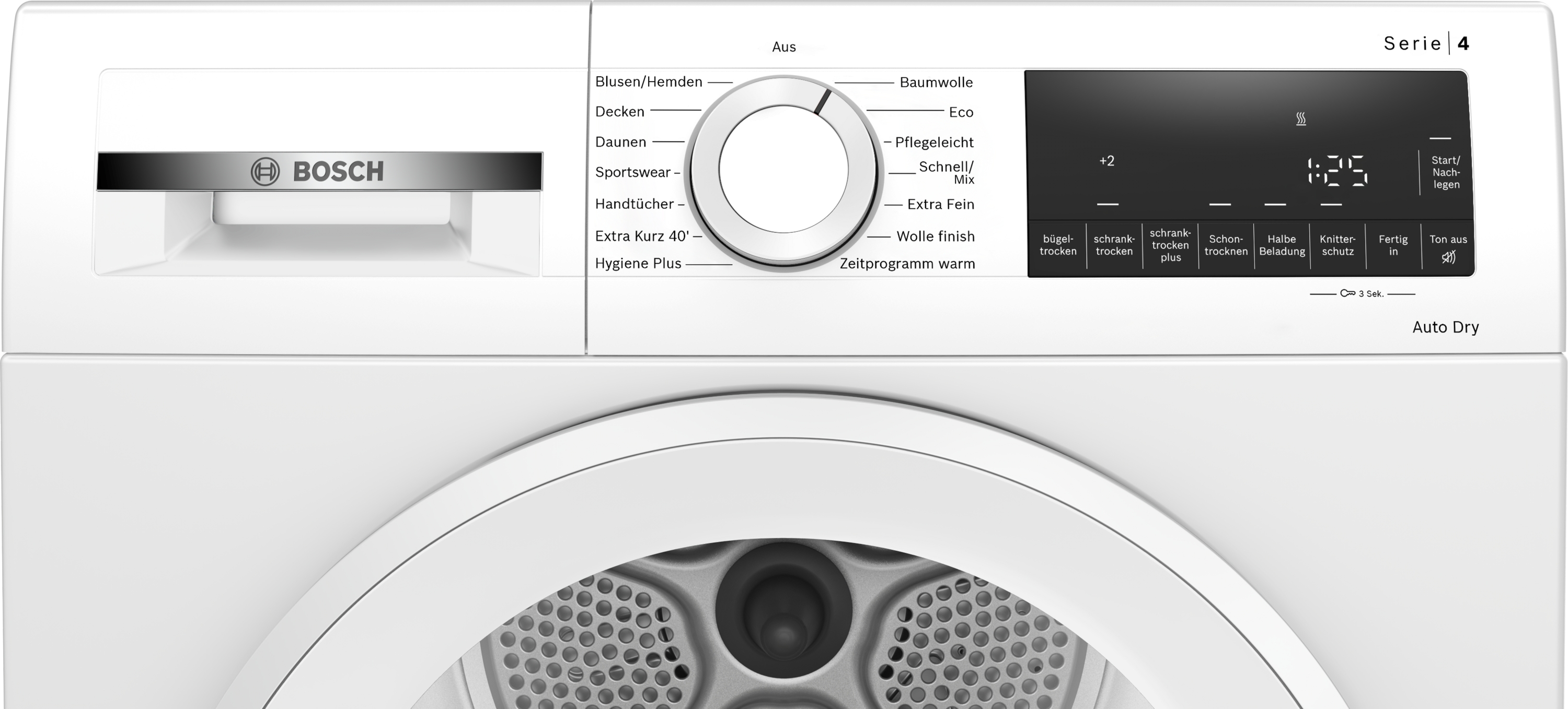 Weißer Bosch Serie 4 Trockner mit Drehregler, Digitaldisplay und Programmbeschriftungen auf Deutsch.