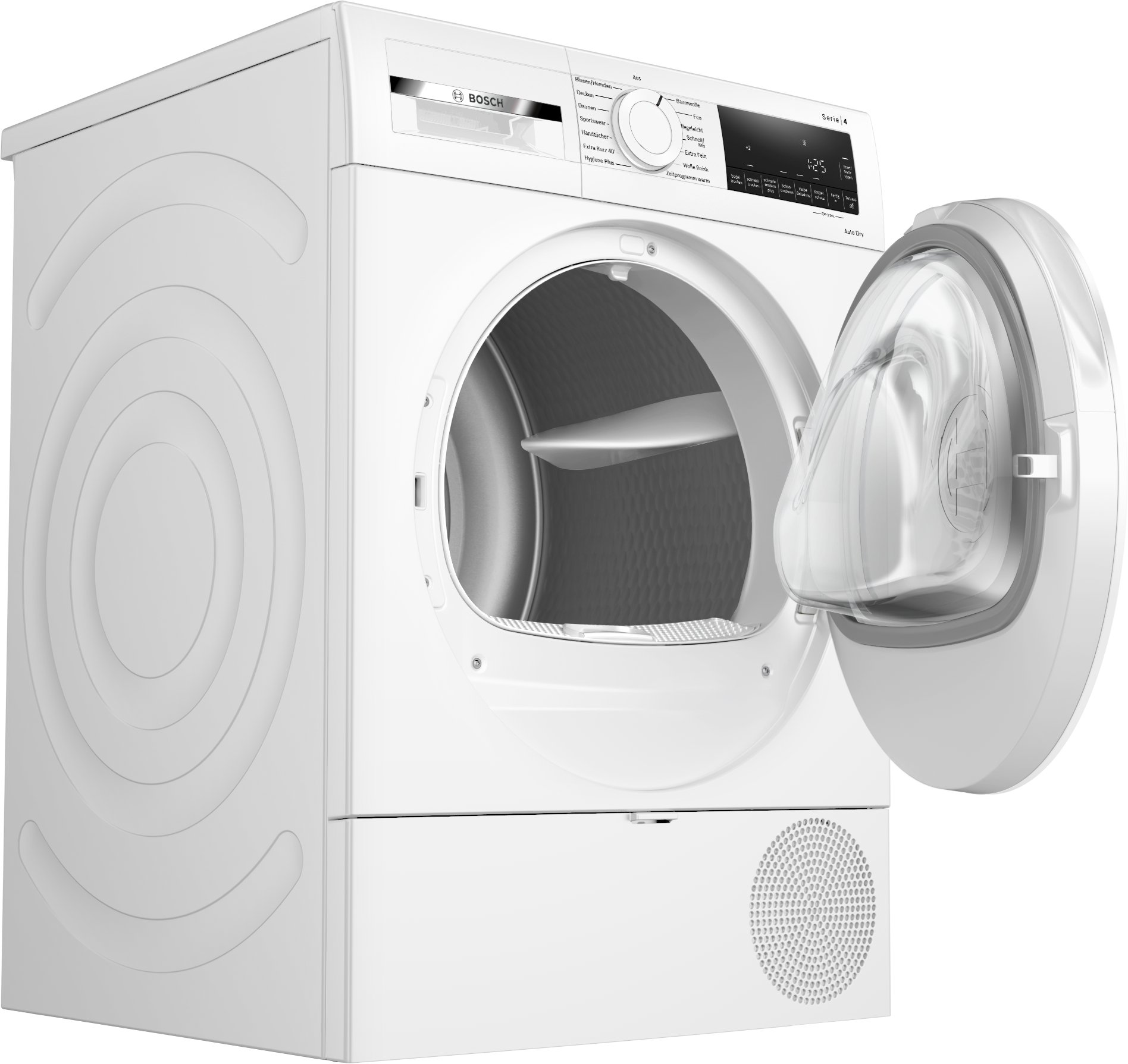 Ein weißer Bosch-Wäschetrockner mit geöffneter Trommeltür und digitalem Bedienfeld.