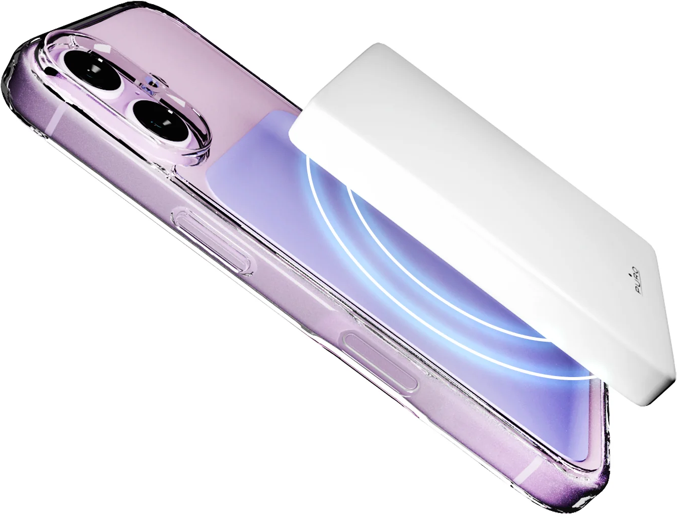 Eine weiße Powerbank heftet magnetisch an der Rückseite eines hellvioletten Smartphones in einer transparenten Hülle.