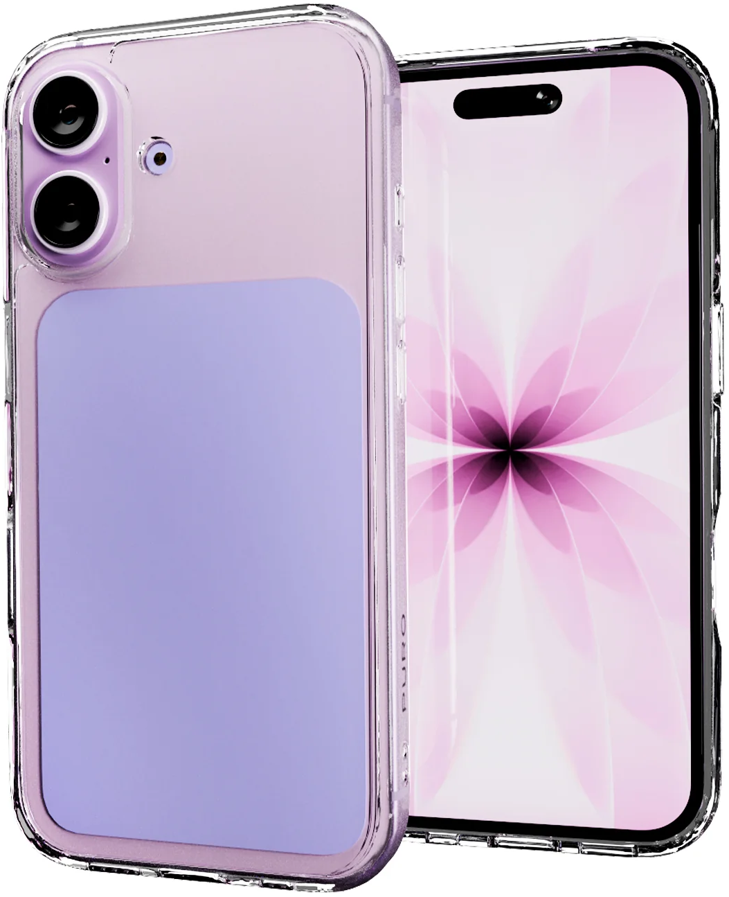 Ein helles violettes Smartphone in transparenter Hülle mit Kamera-Rückseite und blumigem Bildschirm.