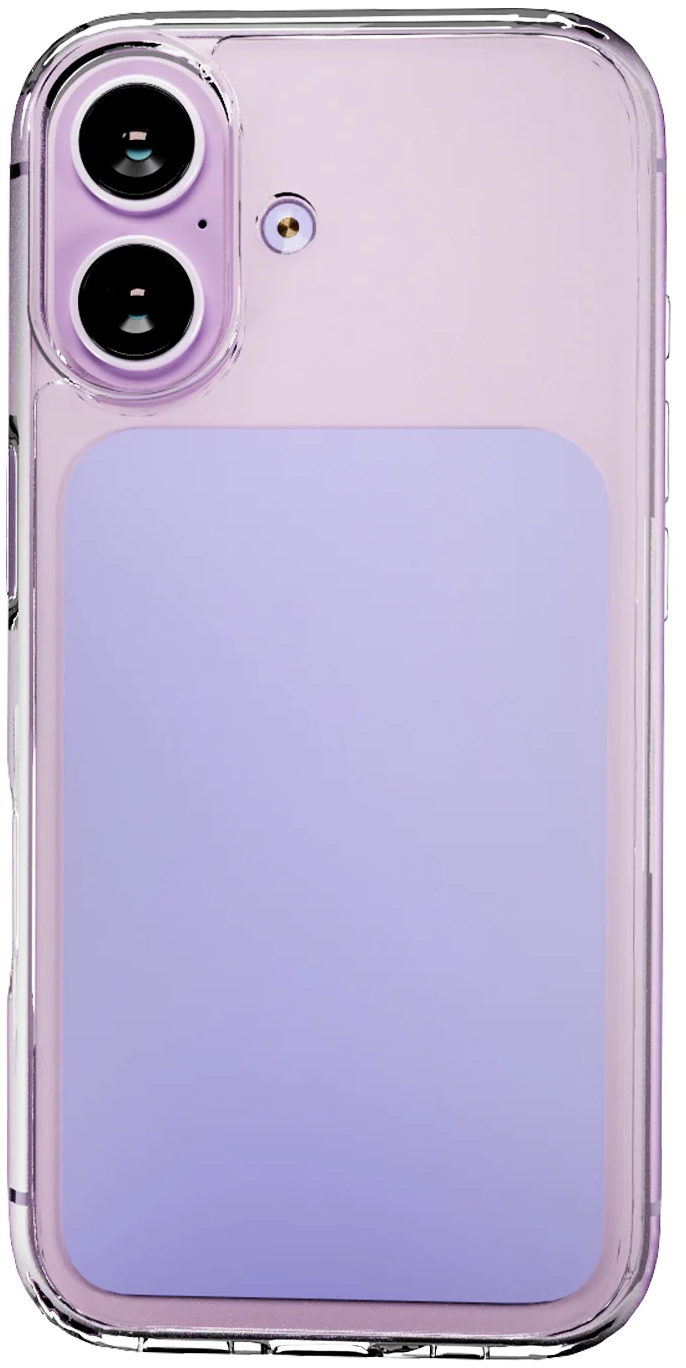 Ein hellviolettes Smartphone in einer transparenten Schutzhülle mit einer vertikalen Dual-Kamera.