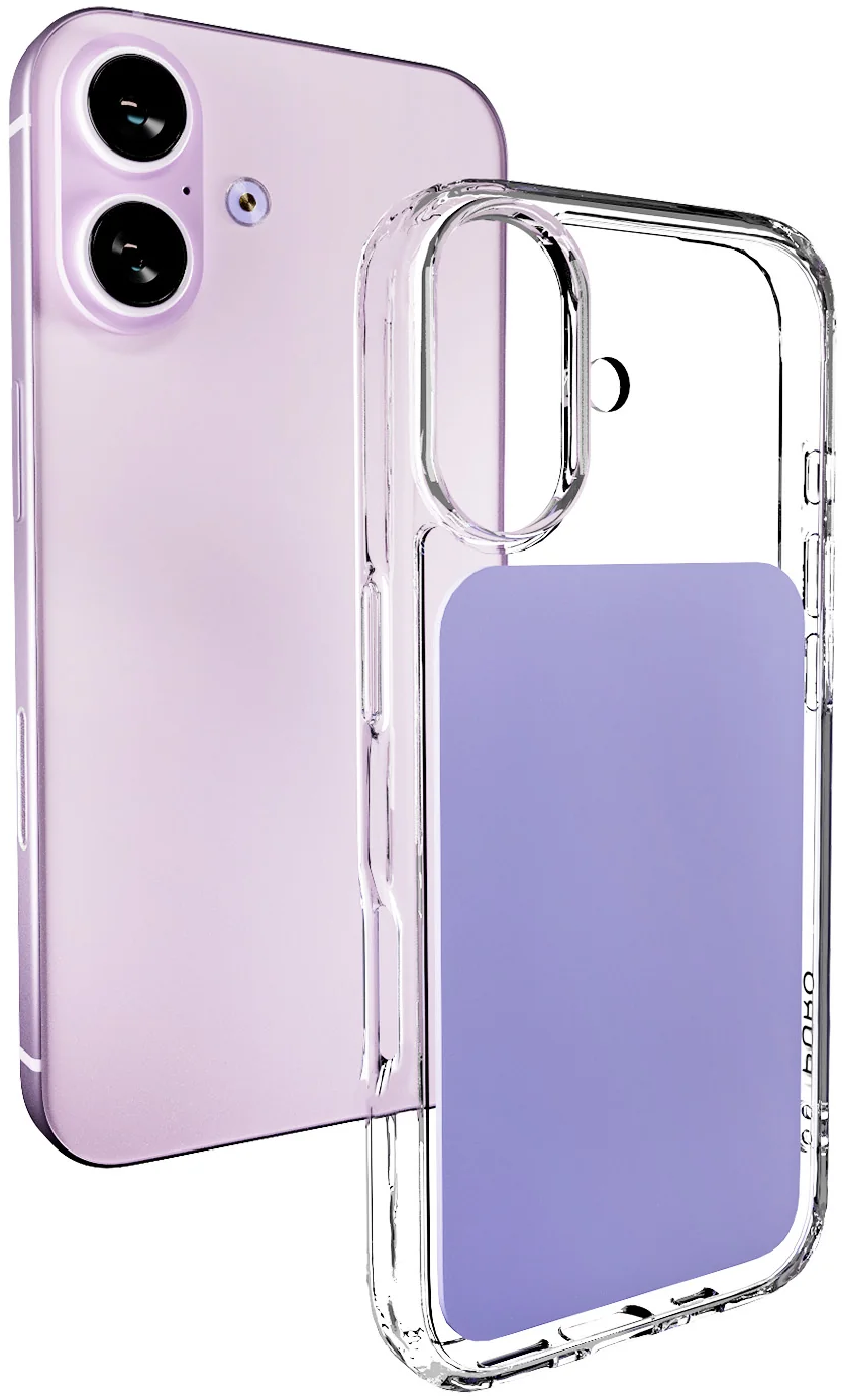 Ein lilafarbenes Smartphone steht neben einer transparenten Schutzhülle mit lilafarbenem Inlay.