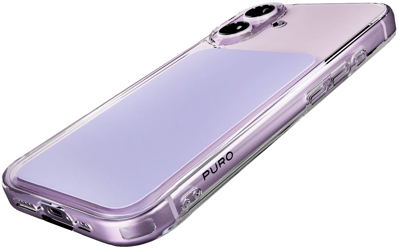 Ein lilafarbenes Smartphone in einer transparenten Schutzhülle mit sichtbaren Kameras.