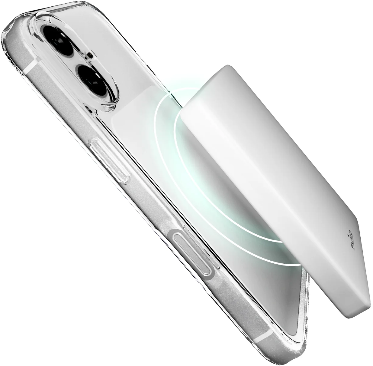 Ein Smartphone in transparenter Hülle, das kabellos von einer weißen Powerbank aufgeladen wird.