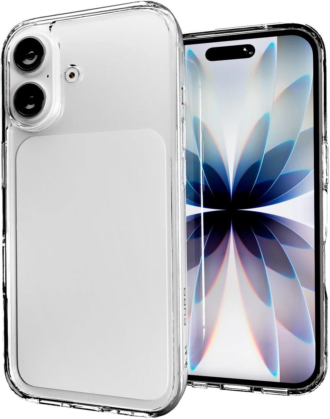 Ein Smartphone im klaren Schutzcase zeigt Vorder- und Rückseite mit zwei Kameras und buntem Displaymuster.