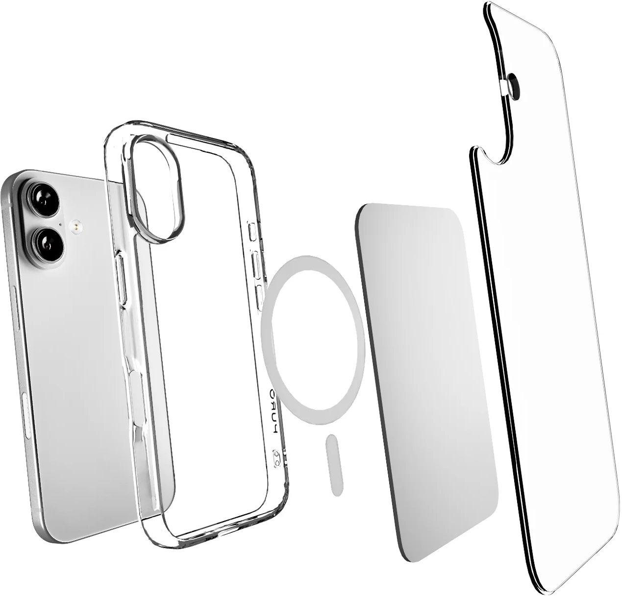 Explosionszeichnung einer transparenten Handyhülle mit MagSafe-Ring und Smartphone.