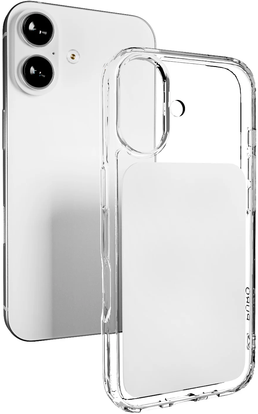 Ein weißes Smartphone steht hinter einer klaren Schutzhülle auf weißem Hintergrund.