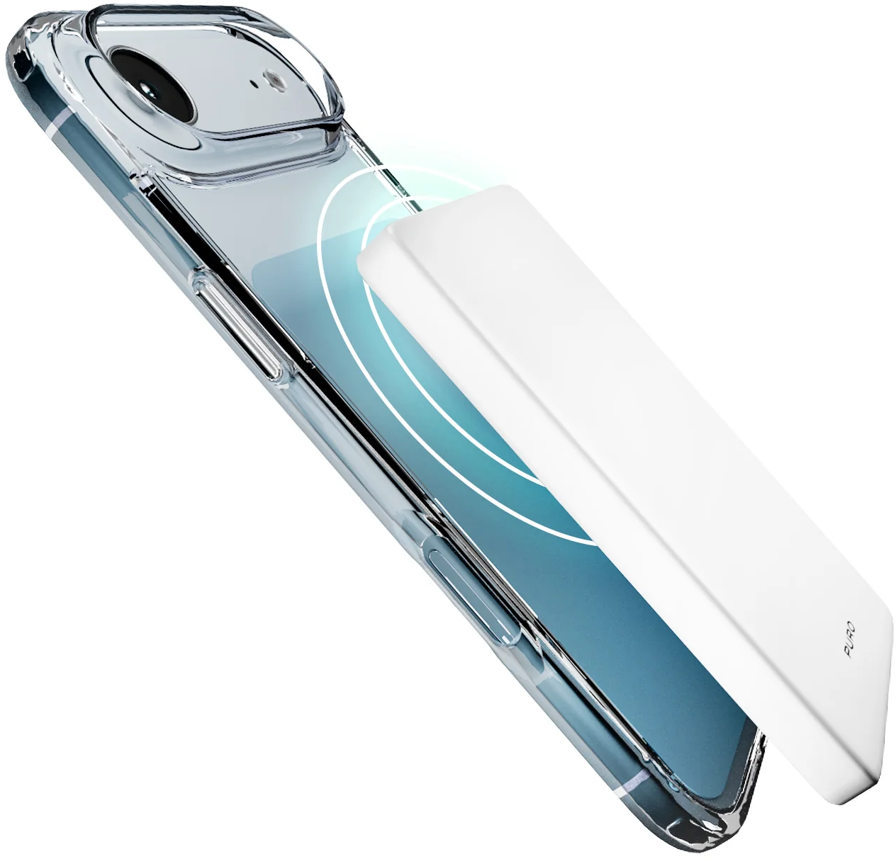 Eine weiße MagSafe-Powerbank lädt kabellos ein Smartphone in einer klaren Hülle.