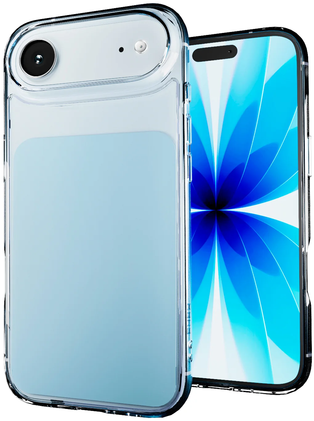 Smartphone in klarer Schutzhülle mit blauem Displaymuster und Einzelkamera auf der Rückseite.