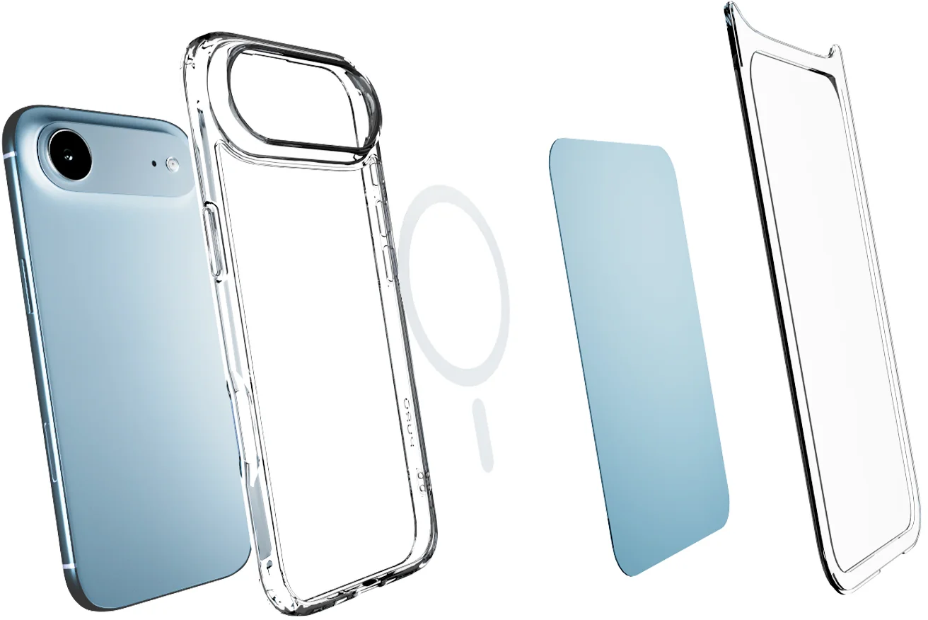 Blaue Smartphone-Rückseite mit durchsichtiger Hülle, Magnetring und Schutzfolie.