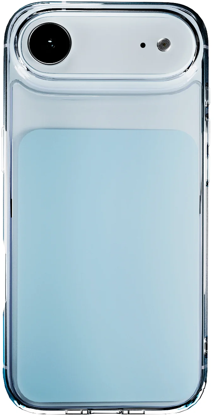 Ein hellblaues Smartphone in einer klaren Schutzhülle mit einer einzelnen Rückkamera und Blitz oben.