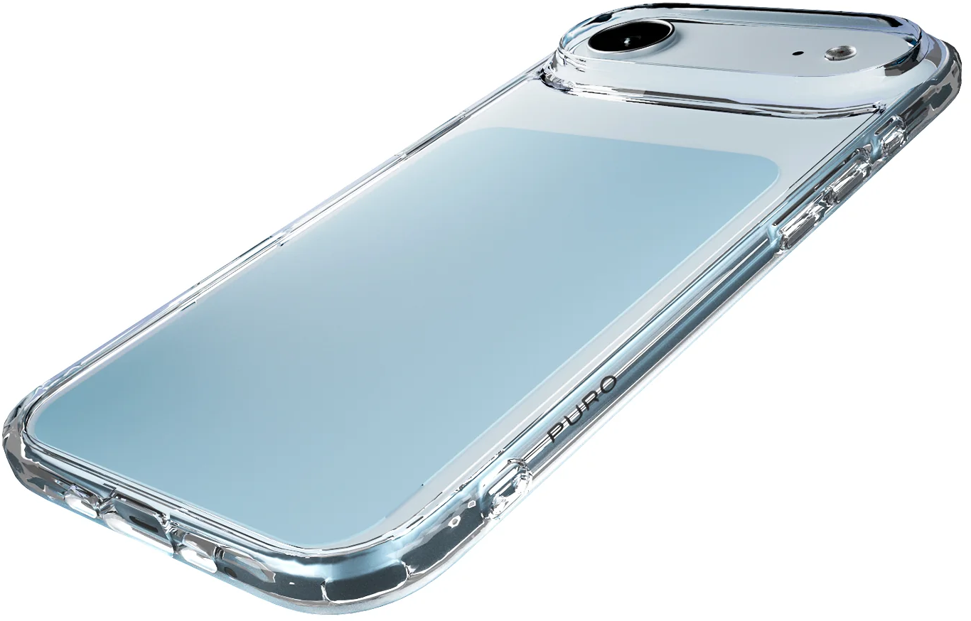 Ein Smartphone in einer klaren Schutzhülle, schräg aufgenommen auf weißem Hintergrund.