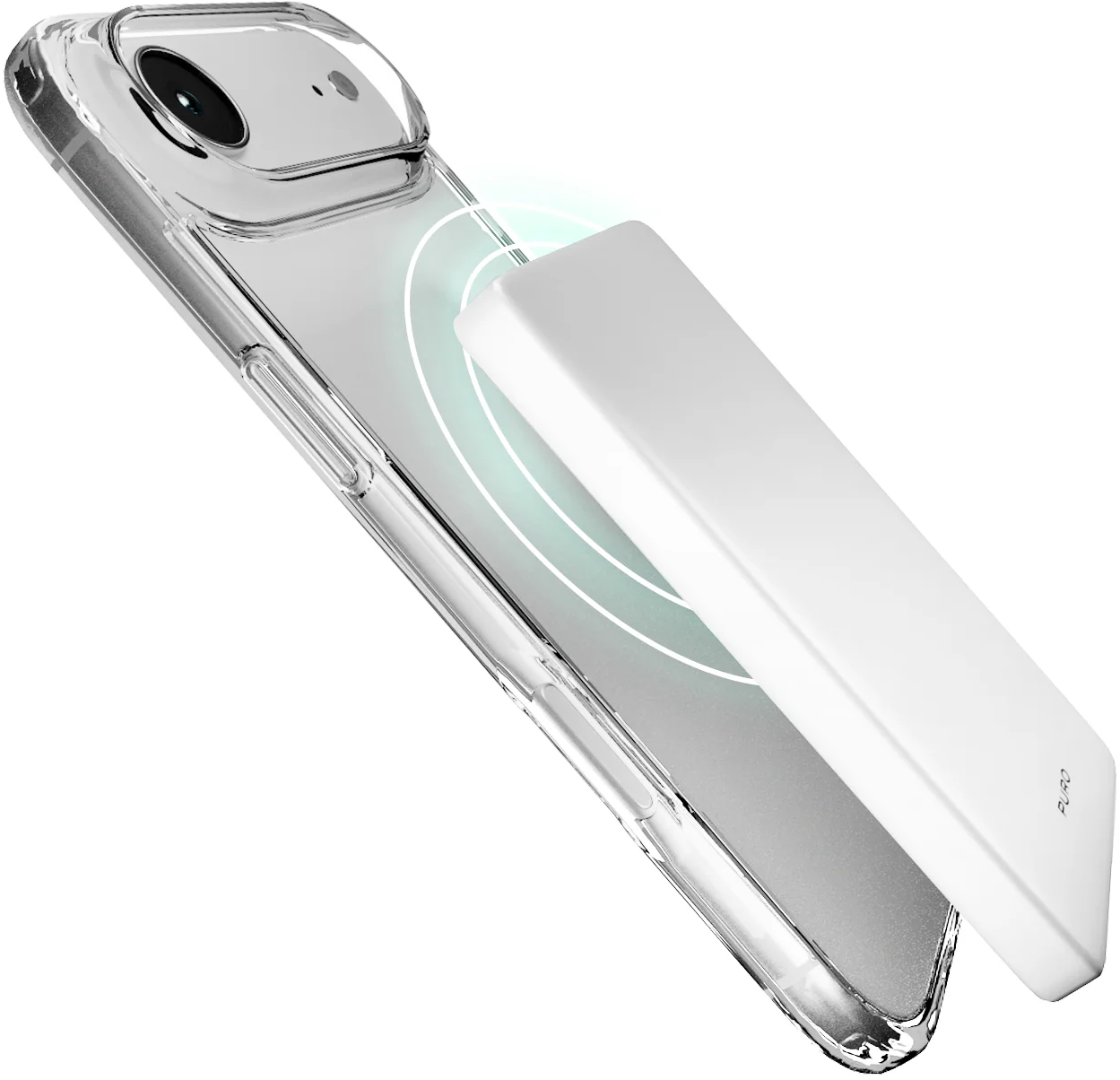 Ein Smartphone in einer klaren Schutzhülle lädt kabellos mit einer weißen Powerbank.