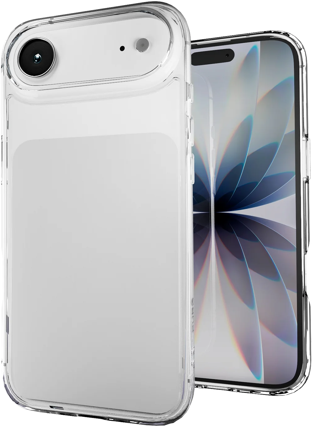 Ein Smartphone in einer klaren Schutzhülle zeigt eine floral gemusterte Bildschirmanzeige und eine Kameralinse.