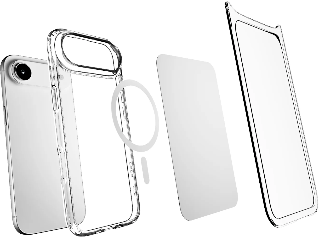 Explosionsdarstellung eines Smartphones mit transparenter Schutzhülle, MagSafe-Ring und Displayschutzfolie.
