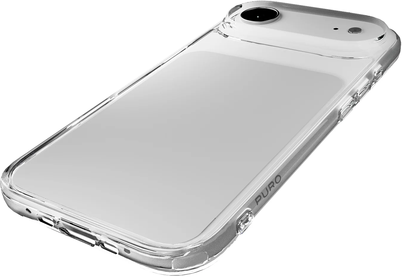 Rückansicht eines Smartphones mit klarer, transparenter Schutzhülle auf einem weißen Hintergrund.