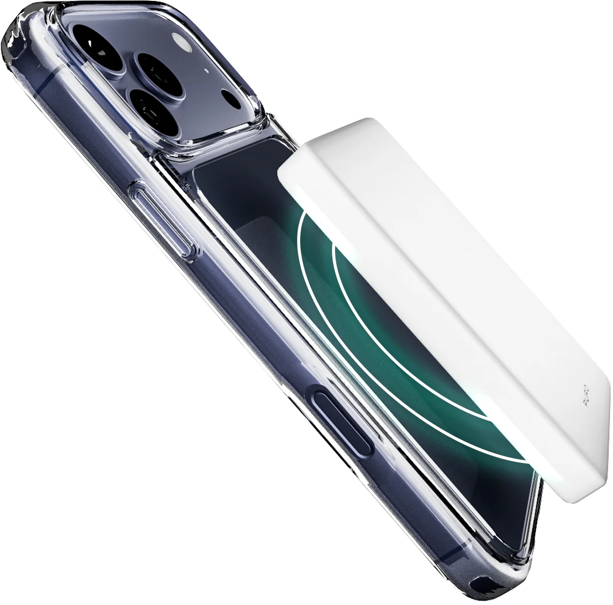 Ein Smartphone in einer durchsichtigen Hülle verbindet sich kabellos mit einer weißen Powerbank.