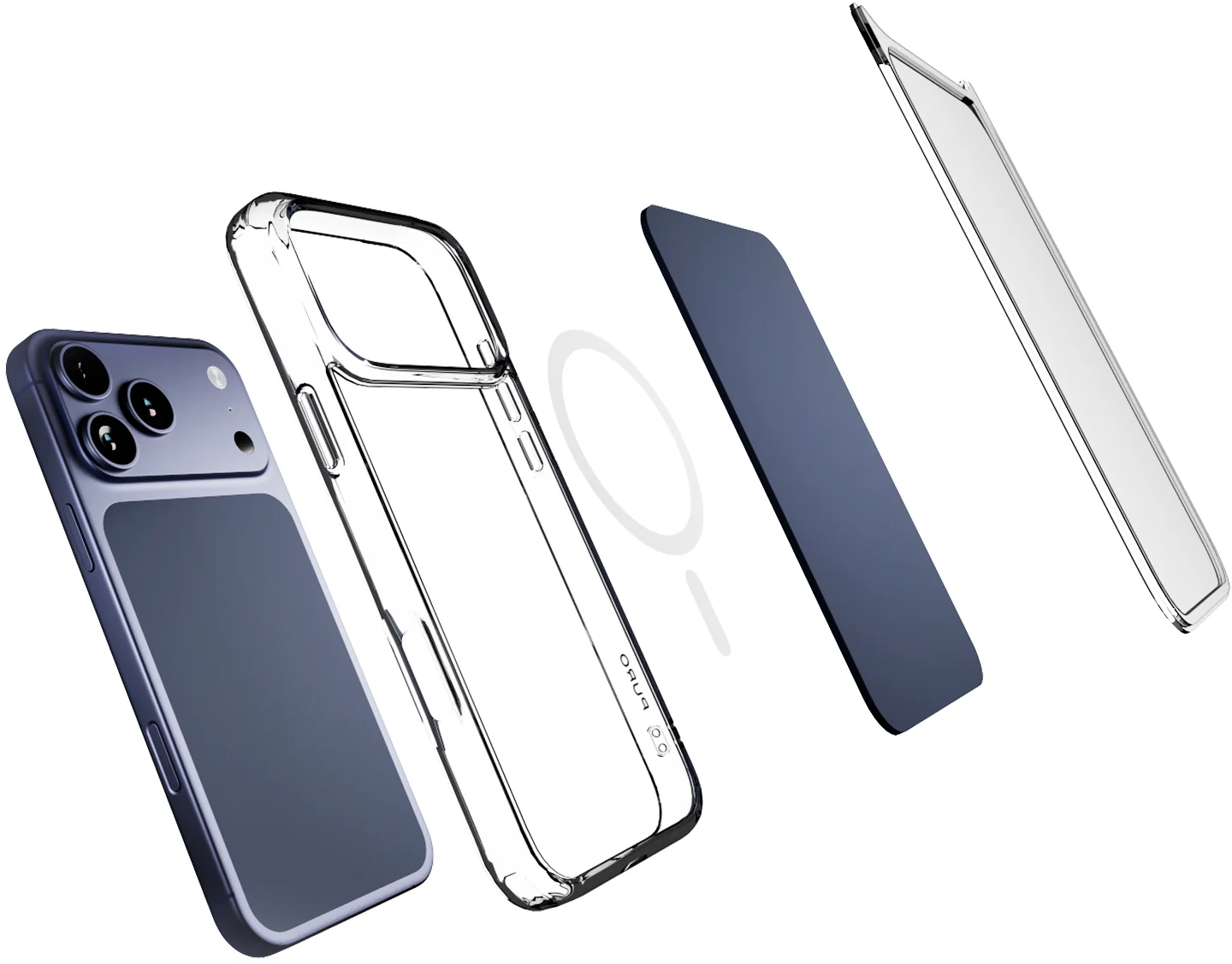 Explosionszeichnung eines Smartphones mit blauer Rückseite, transparenter Hülle, magnetischem Ring und Schutzglas.