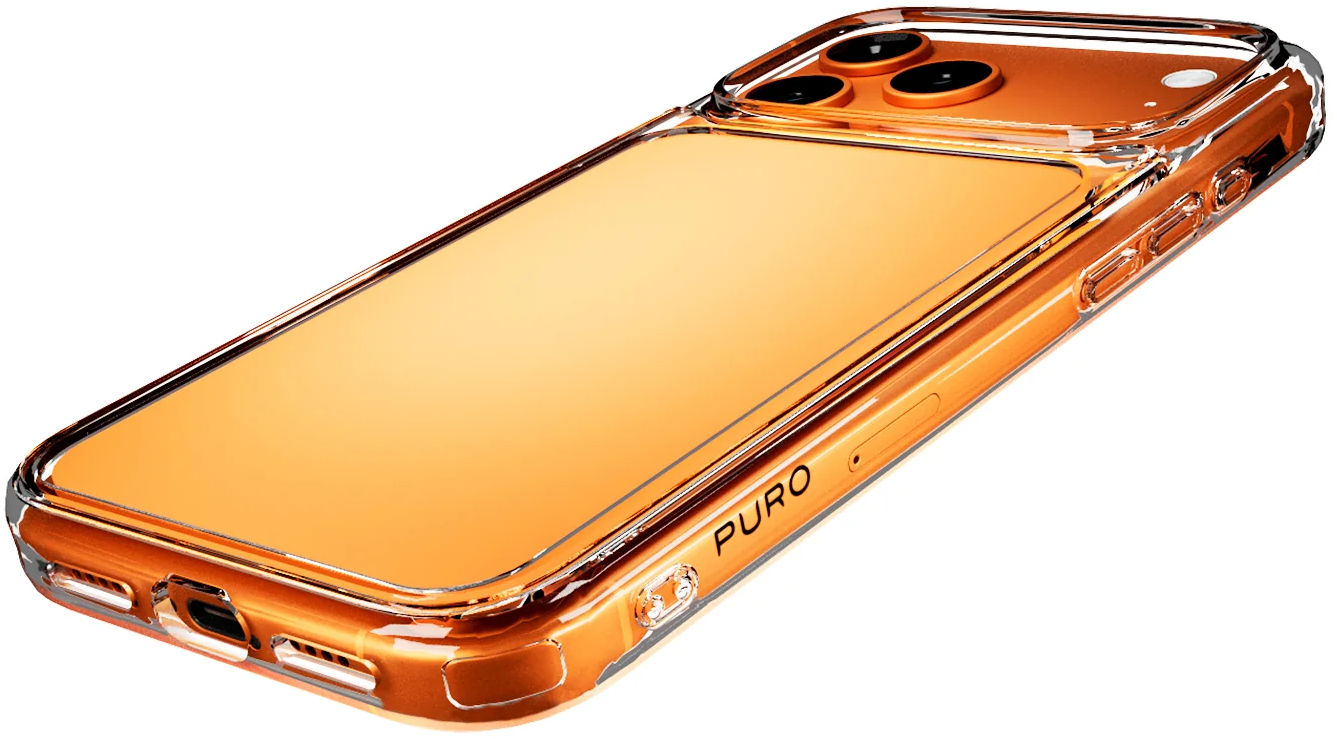 Ein oranges Smartphone in einer transparenten Schutzhülle, schräg dargestellt.