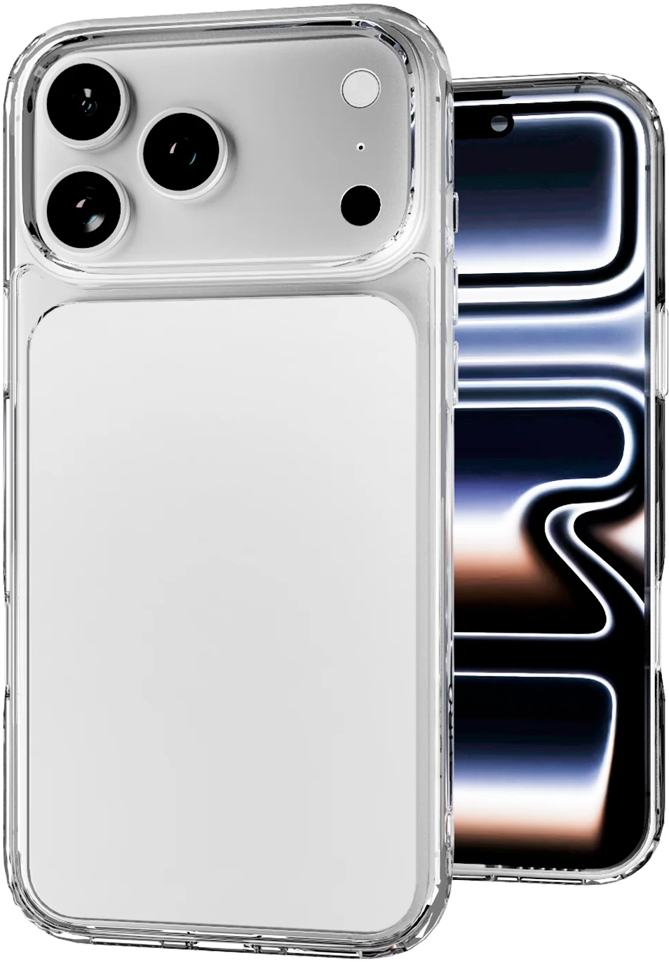 Smartphone in klarer Hülle mit drei Kameras auf der Rückseite und leuchtendem Display.