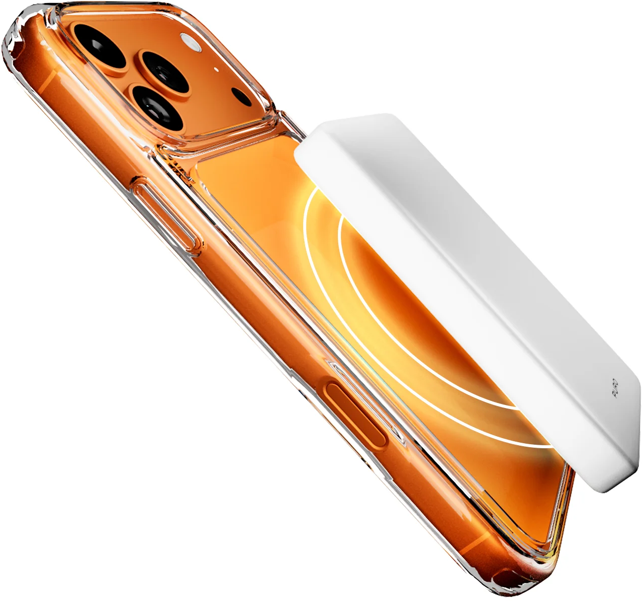 Ein orangefarbenes Smartphone in einer transparenten Hülle mit einer weißen Powerbank auf der Rückseite.