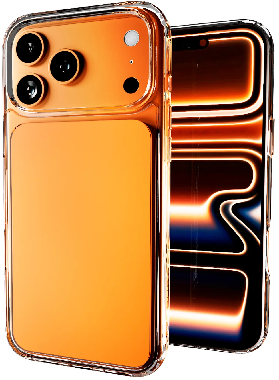 Ein oranges Smartphone mit Dreifachkamera und klarer Hülle steht neben einem mit abstrakt leuchtendem Bildschirm.