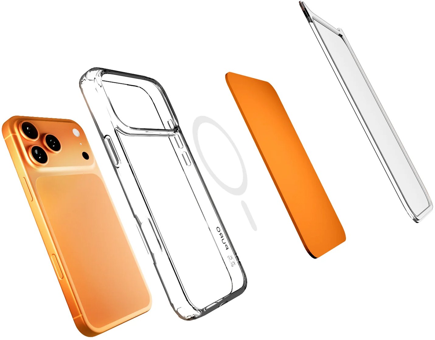 Explosionsdarstellung eines Smartphones mit orangefarbener Rückseite, transparenter Hülle, MagSafe-Ring und Schutzglas.