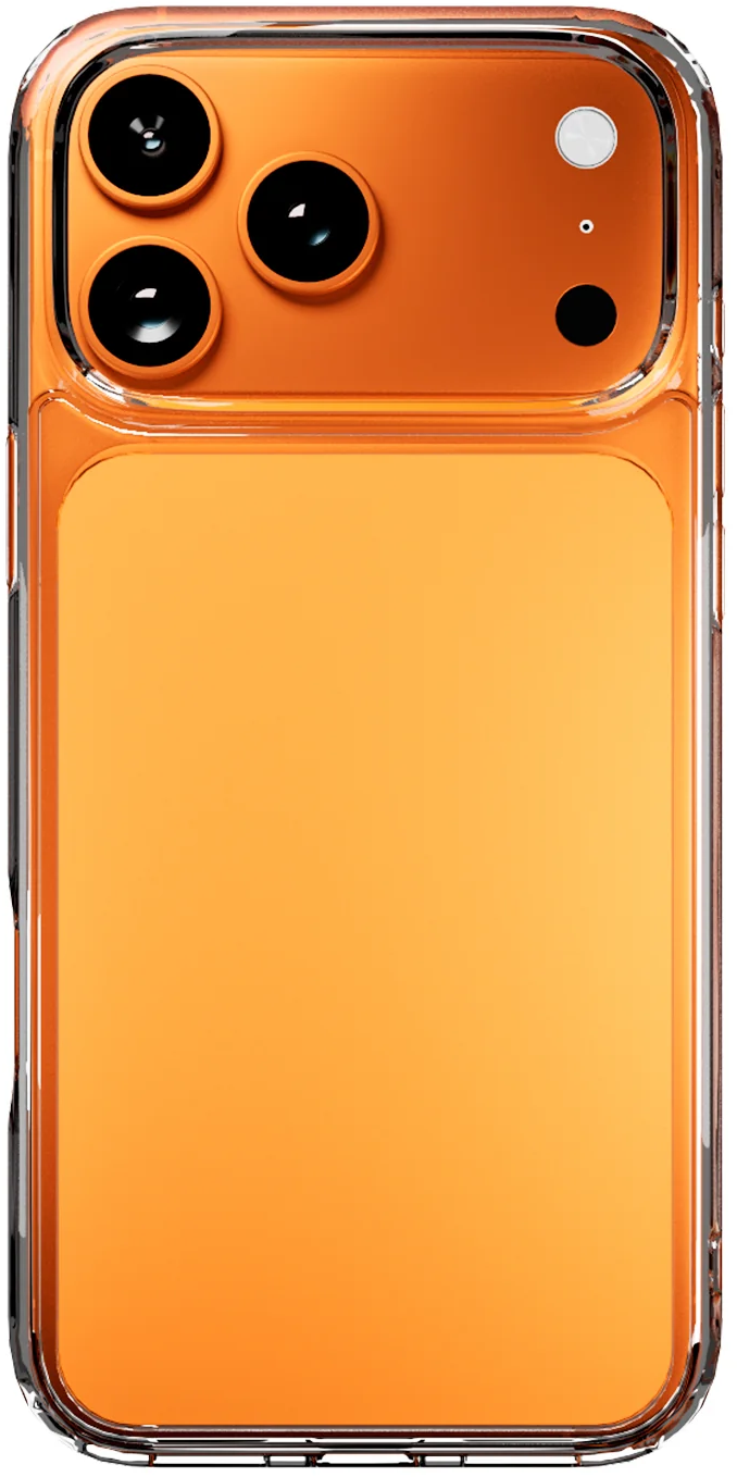 Rückseite eines orangen Smartphones mit drei Kameras in einer transparenten Schutzhülle.
