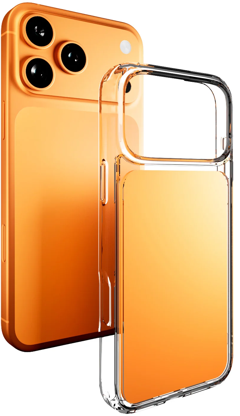 Ein orangefarbenes Smartphone mit drei Kameras und einer transparenten Schutzhülle.