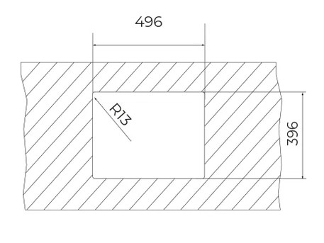 Rysunek techniczny prostokątnego wycięcia o wymiarach 496x396 i promieniu R13.